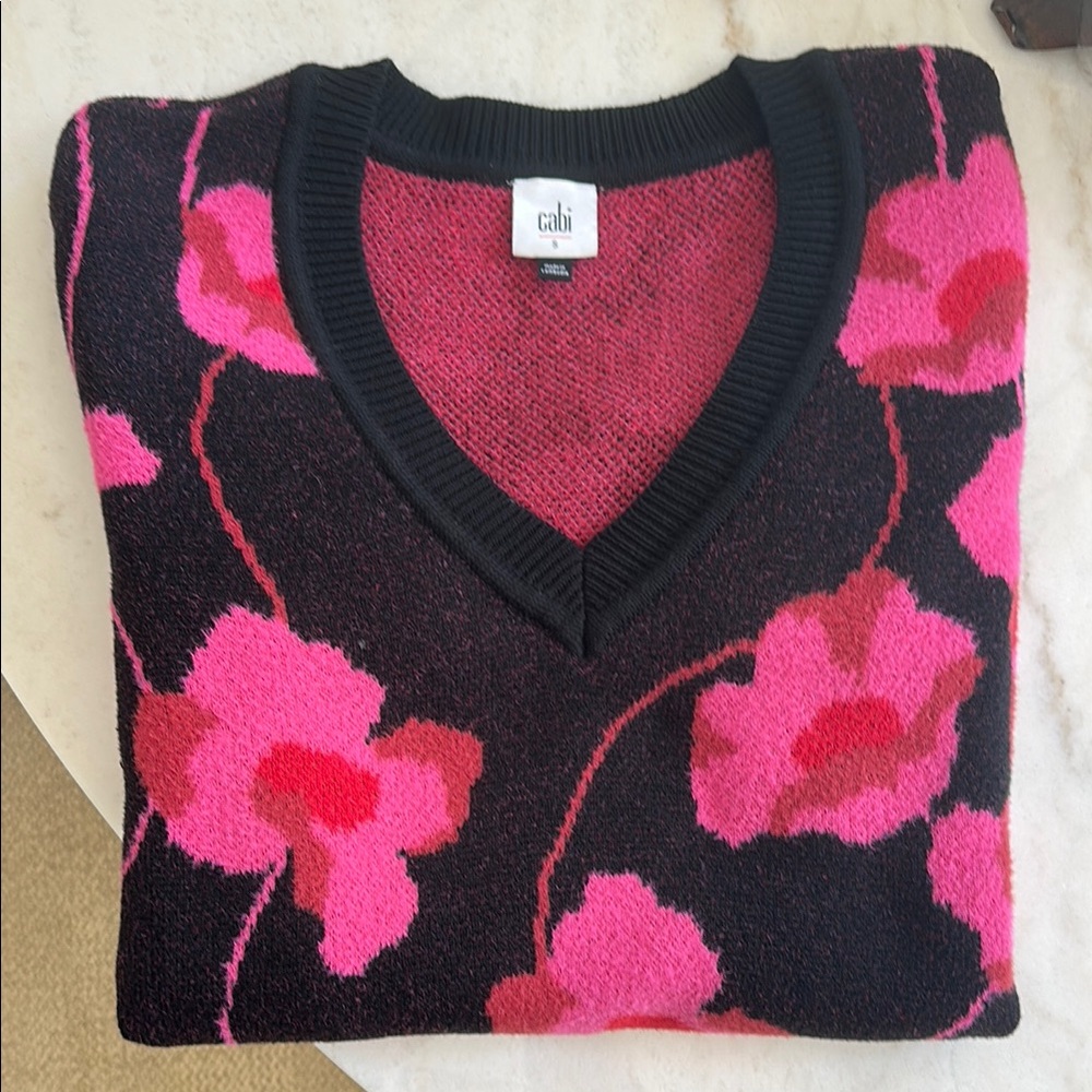 CAbi Black Sweater with Pink Floral Design